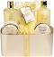 Подаръчен комплект IDC Institute Scented Bath Gold - Душ гел, пяна за вана, соли за вана, крем за ръце, скраб за тяло и гъба - продукт
