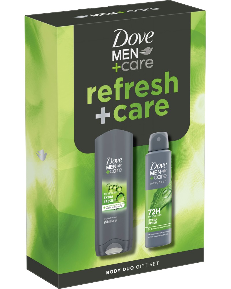 Подаръчен комплект Dove Men+Care Refresh Подаръчен комплект Dove Men+Care Refresh - Душ гел и спрей дезодорант от серията Extra Fresh - продукт