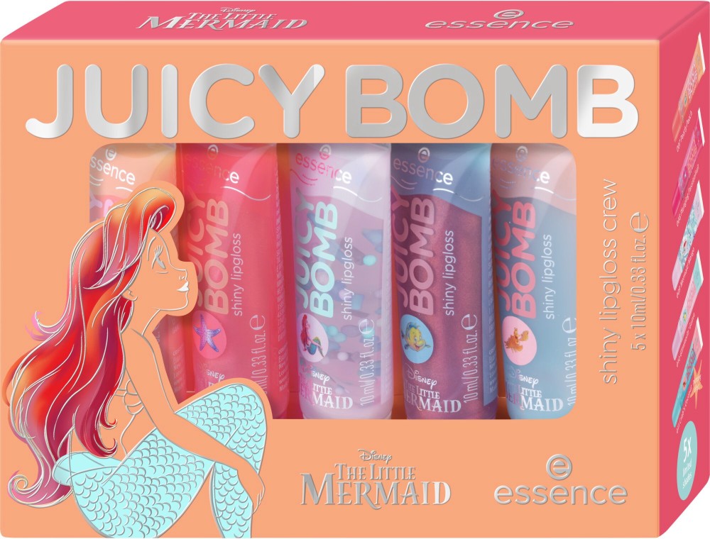 Essence Disney The Little Mermaid Juicy Bomb Shiny Lipgloss Crew Essence Disney The Little Mermaid Juicy Bomb Shiny Lipgloss Crew - Комплект блестящи гланцове за устни от серията Disney The Little Mermaid - гланц