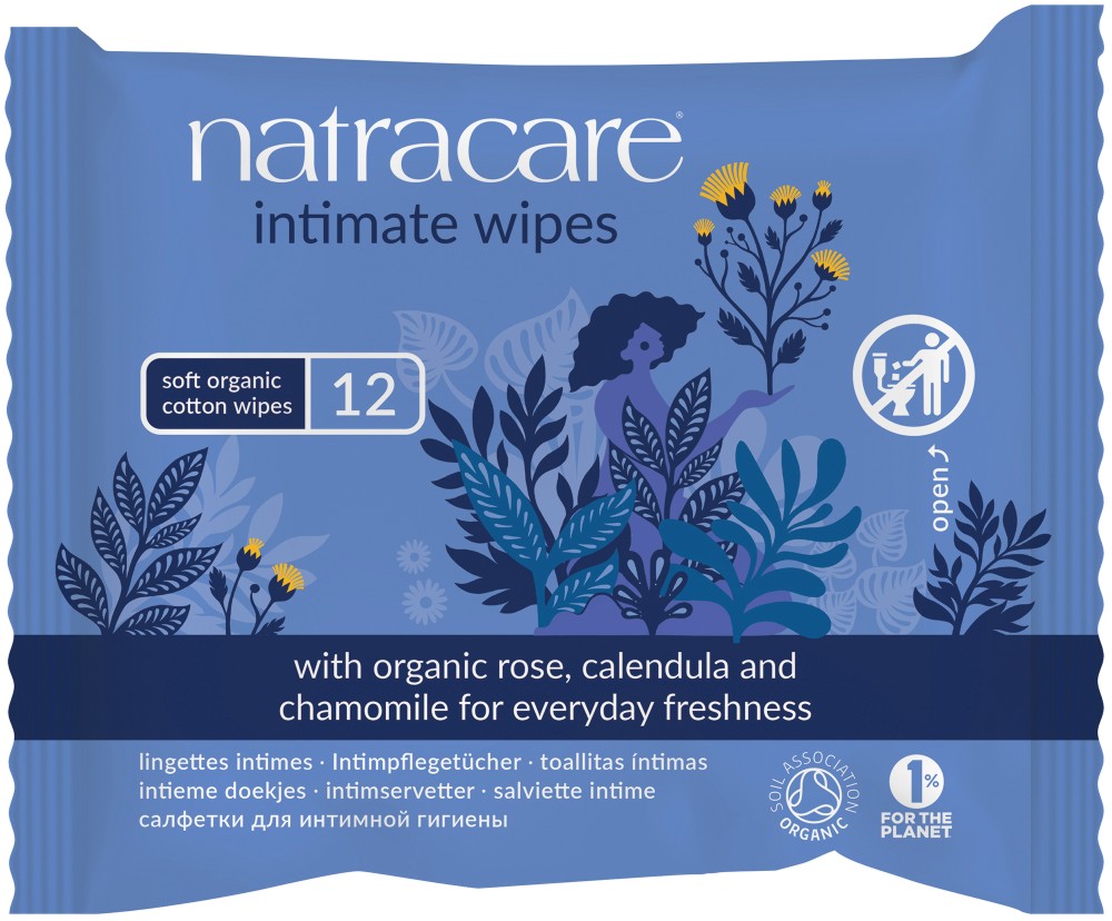 Natracare Intimate Wipes Natracare Intimate Wipes - Интимни мокри кърпички с невен и лайка в опаковка от 12 броя - мокри кърпички