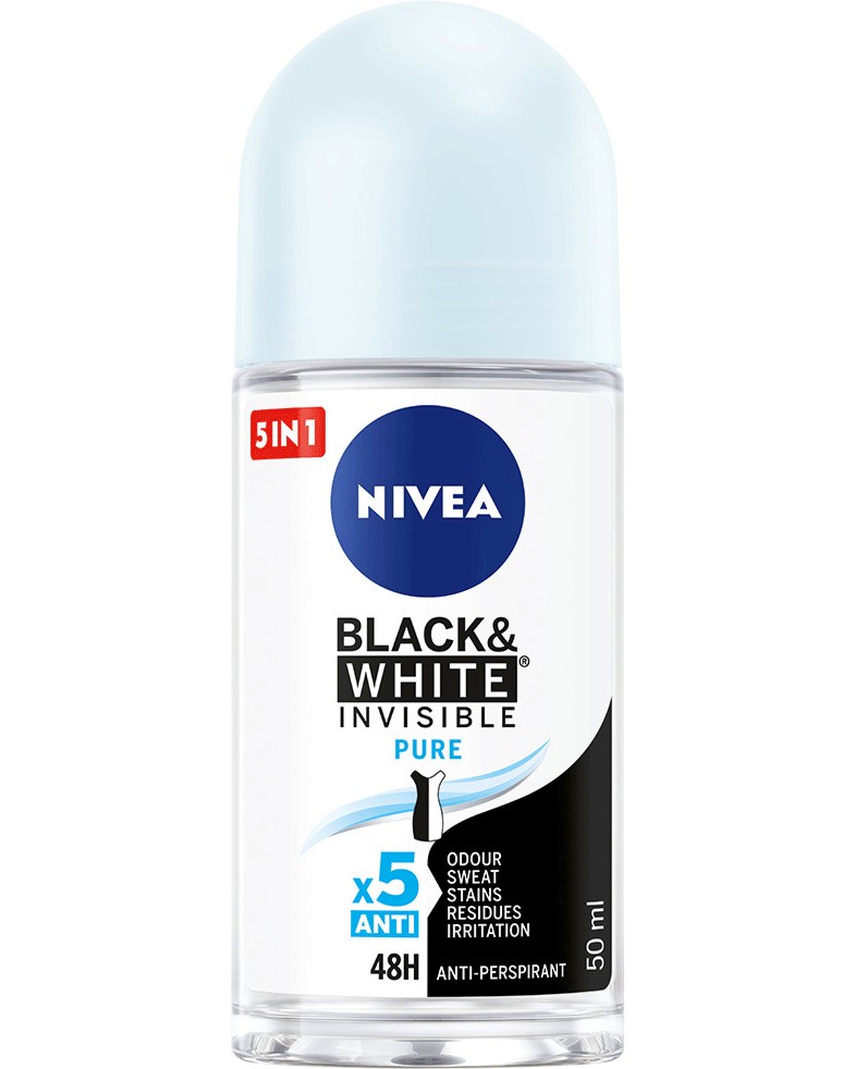 Nivea Black & White Pure Anti-Perspirant Roll-On - Дамски ролон против изпотяване от серията Black & White - ролон