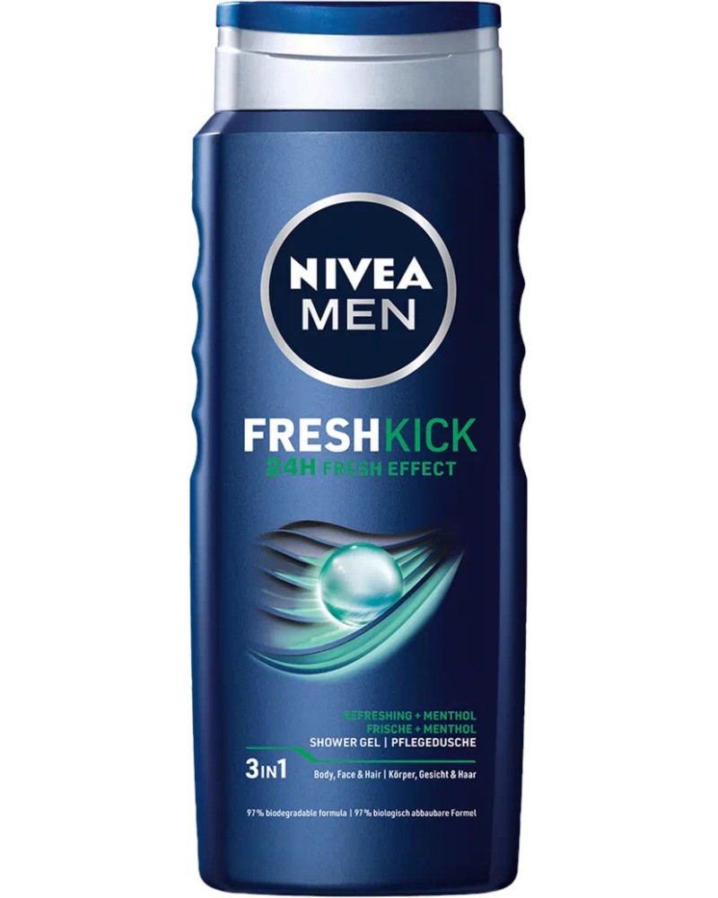 Nivea Men Fresh Kick Shower Gel - Душ гел за мъже за лице, коса и тяло от серията Fresh Kick - душ гел