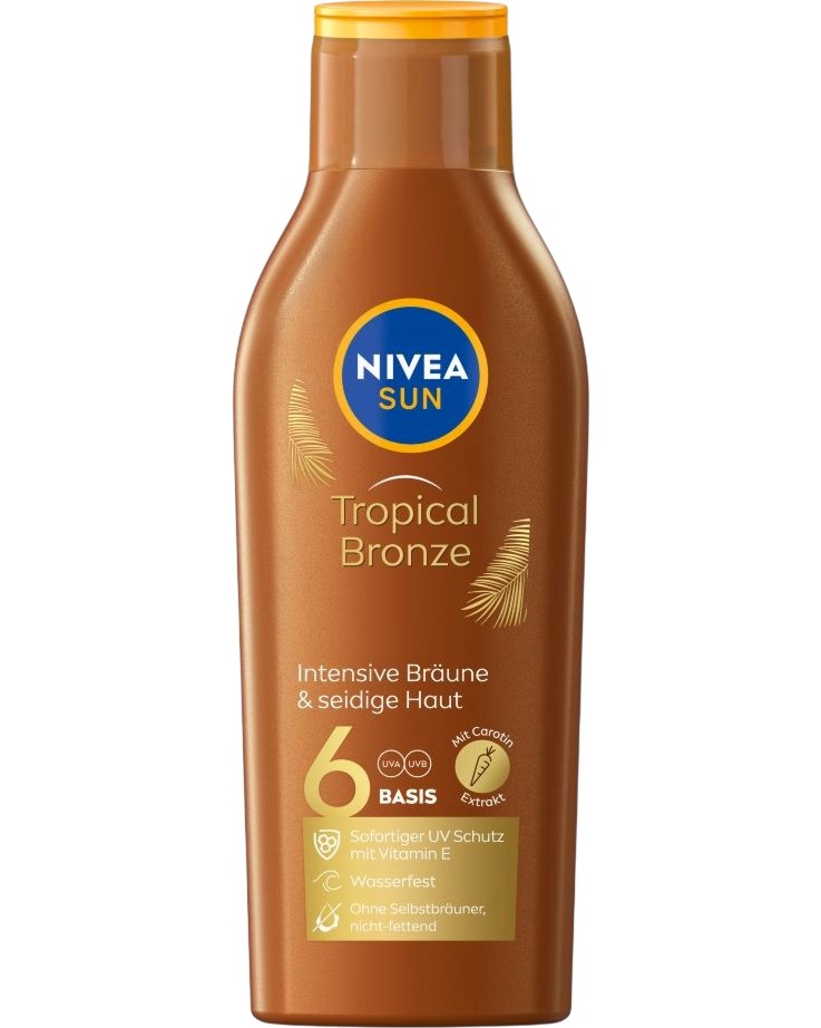 Nivea Sun Tropical Bronze Lotion SPF 6 Nivea Sun Tropical Bronze Lotion SPF 6 - Слънцезащитен лосион за интензивен тен от серията Nivea Sun - лосион