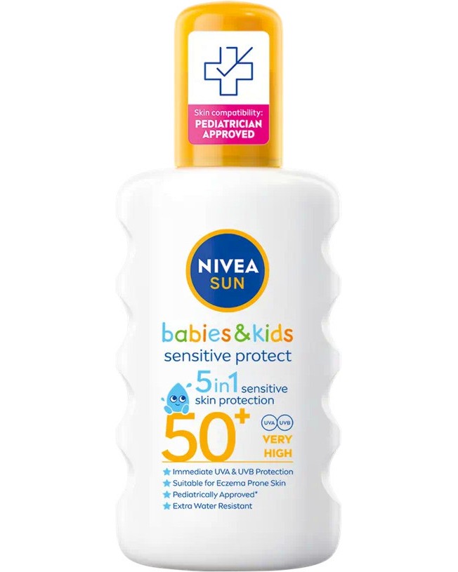 Nivea Sun Babies & Kids Sensitive Protect SPF 50+ Nivea Sun Babies & Kids Sensitive Protect SPF 50+ - Слънцезащитен спрей за бебета и деца от серията Nivea Sun - продукт