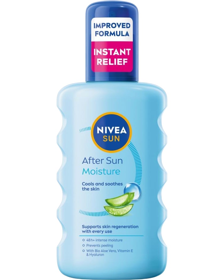 Nivea After Sun Moisture Spray Nivea After Sun Moisture Spray - Охлаждащ и успокояващ спрей за след слънце от серията Nivea Sun - продукт