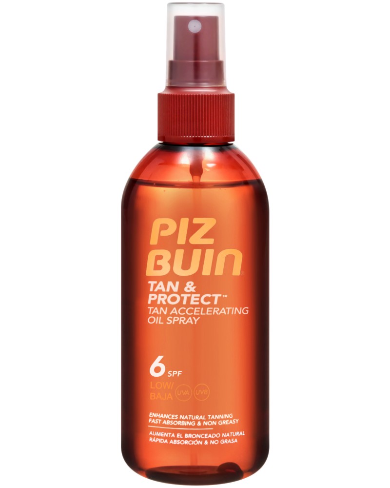 Piz Buin Tan & Protect Accelerating Oil Spray Piz Buin Tan & Protect Accelerating Oil Spray - Слънцезащитно олио за бронзов тен от серията Tan & Protect - олио