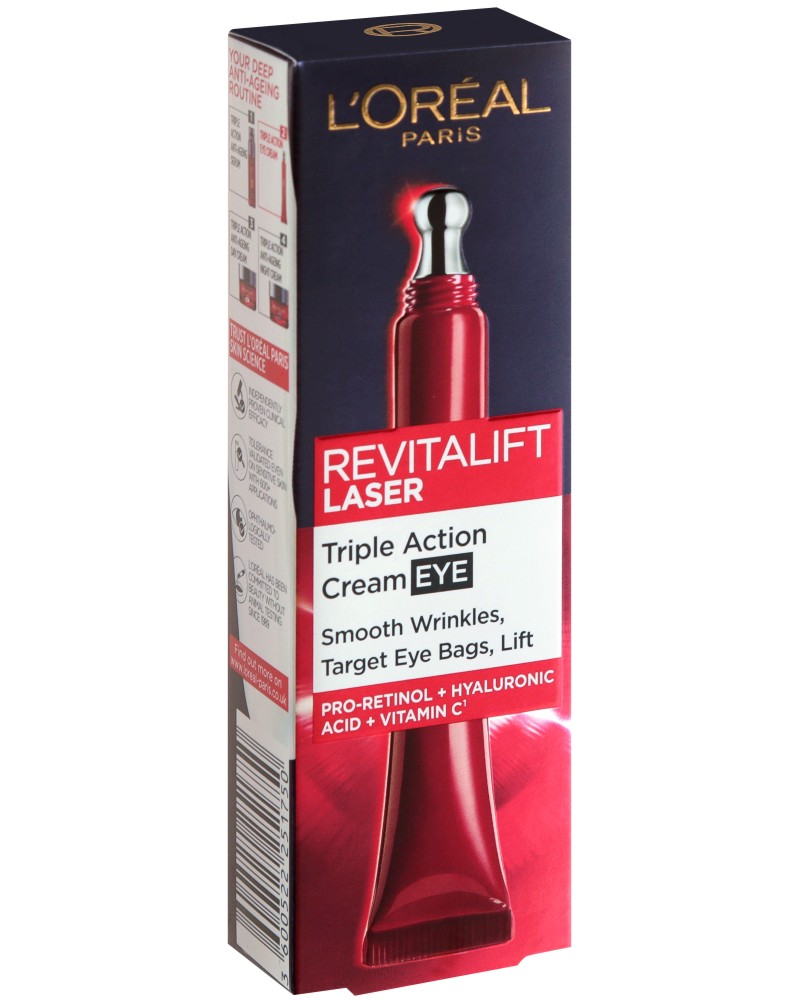 L'Oreal Revitalift Laser Triple Action Eye Cream L'Oreal Revitalift Laser Triple Action Eye Cream - Околоочен крем против бръчки от серията Revitalift Laser - крем