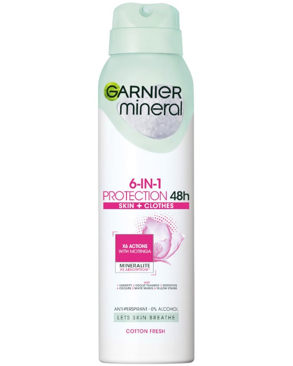 Garnier Mineral 6 in 1 Protection 48h Cotton Fresh - Дамски дезодорант от серията Garnier Deo Mineral - дезодорант