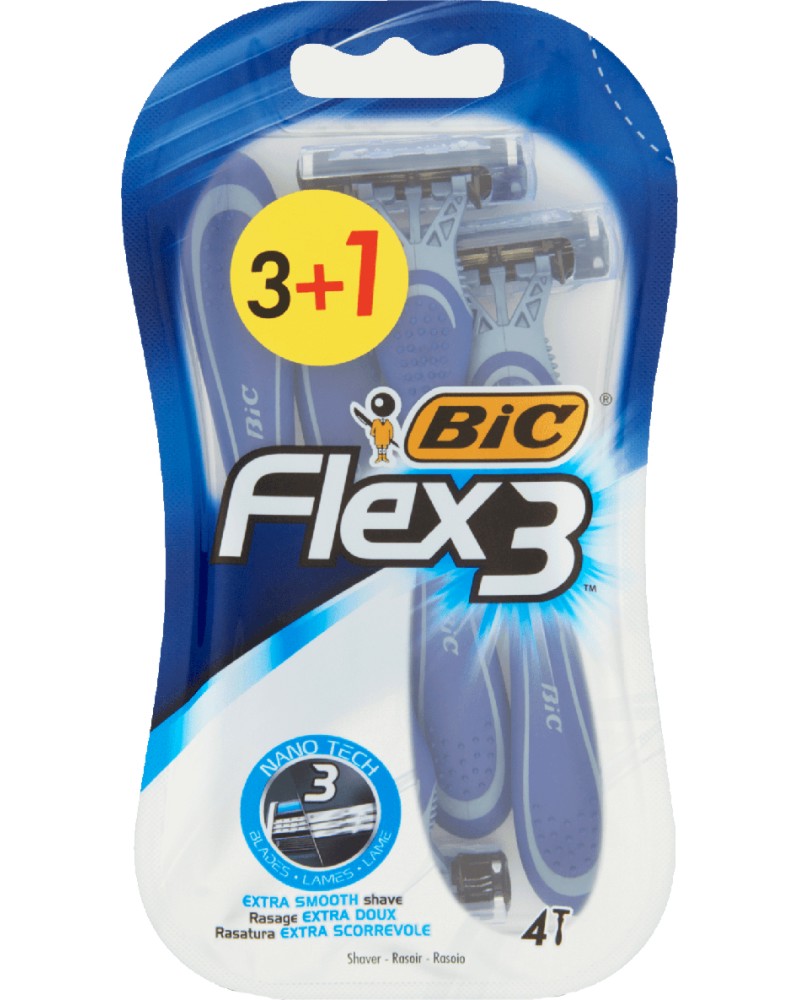BIC Flex 3 Comfort - Самобръсначка с 3 остриета, 3 броя + 1 подарък - самобръсначка