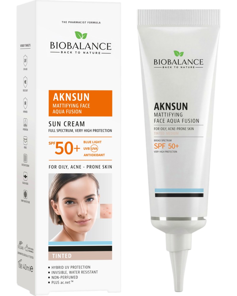 BioBalance AKNSUN Mattifying Face Aqua Fusion Tinted Sun Cream SPF 50+ BioBalance AKNSUN Mattifying Face Aqua Fusion Tinted Sun Cream SPF 50+ - Тониращ слънцезащитен крем за лице за мазна и склонна към акне кожа - крем