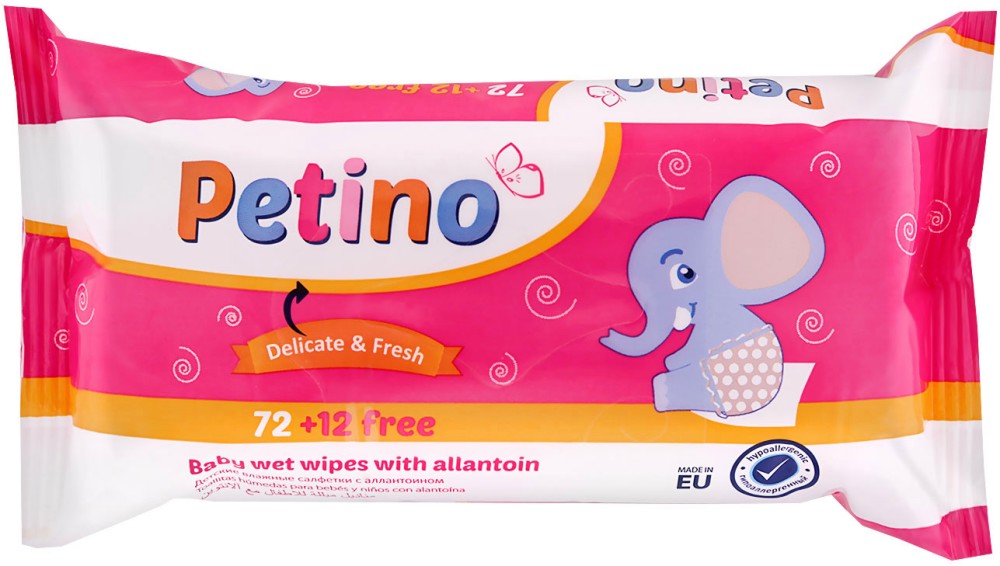Бебешки мокри кърпи Petino - 72 + 12 броя подарък, с алантоин - мокри кърпички