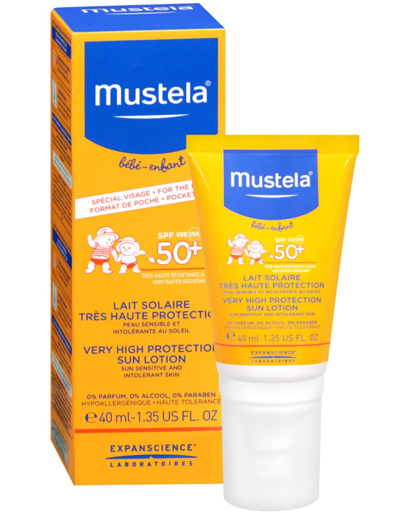 Mustela Very High Protection Sun Face Lotion SPF 50+ Mustela Very High Protection Sun Face Lotion SPF 50+ - Слънцезащитен лосион за лице за бебета и деца - лосион