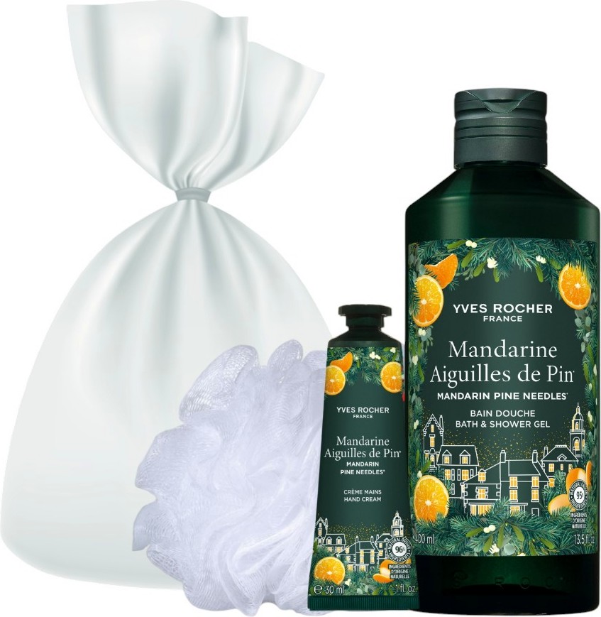 Подаръчен комплект Yves Rocher Mandarin Pine Needles Подаръчен комплект Yves Rocher Mandarin Pine Needles - Душ гел, крем за ръце и гъба за баня - продукт