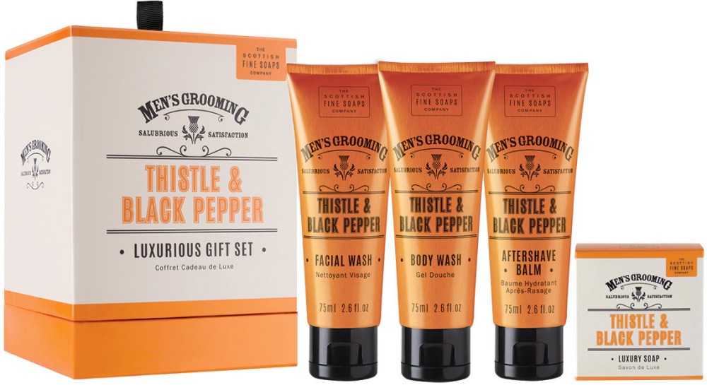 Scottish Fine Soaps Men's Grooming Thistle & Black Pepper Luxurious Gift Set Scottish Fine Soaps Men's Grooming Thistle & Black Pepper Luxurious Gift Set - Козметичен комплект за мъже от серията "Men's Grooming" - продукт