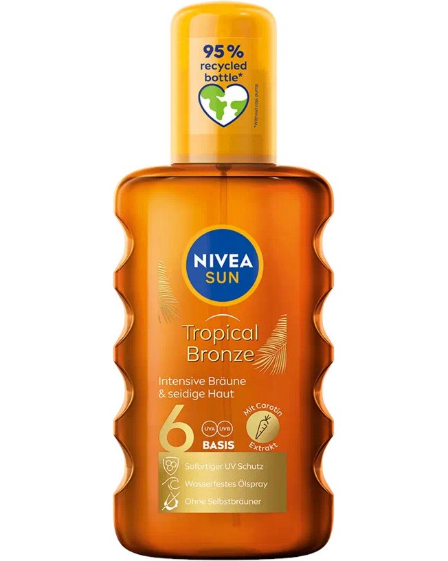 Nivea Tropical Bronze Oil Spray SPF 6 Nivea Tropical Bronze Oil Spray SPF 6 - Слънцезащитно спрей олио за тен от серията Nivea Sun - олио
