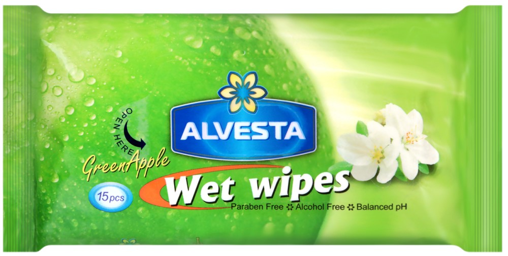 Alvesta Wet Wipes Green Apple -      15  -  
