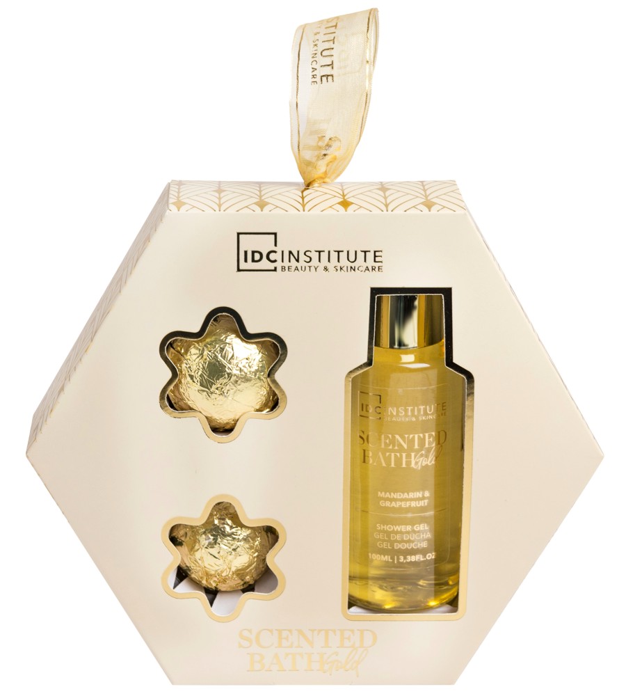 Подаръчен комплект IDC Institute Scented Bath Gold Подаръчен комплект IDC Institute Scented Bath Gold - Душ гел и бомбички за вана - продукт