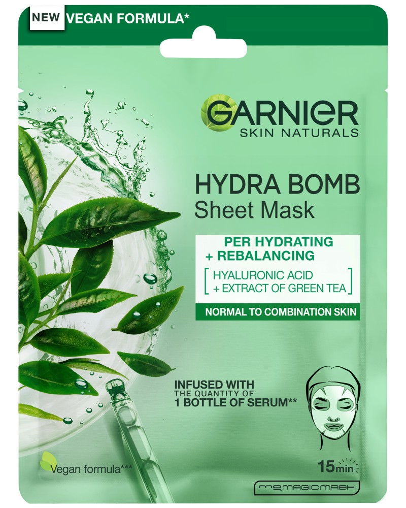 Garnier Green Tea Hydra Bomb Sheet Mask - Хидратираща лист маска за лице за нормална към комбинирана кожа - маска