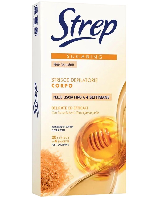 Strep Sugaring Depilatory Strips Body Strep Sugaring Depilatory Strips Body - Епилиращи ленти за тяло със захарна трастика, 20 броя - продукт