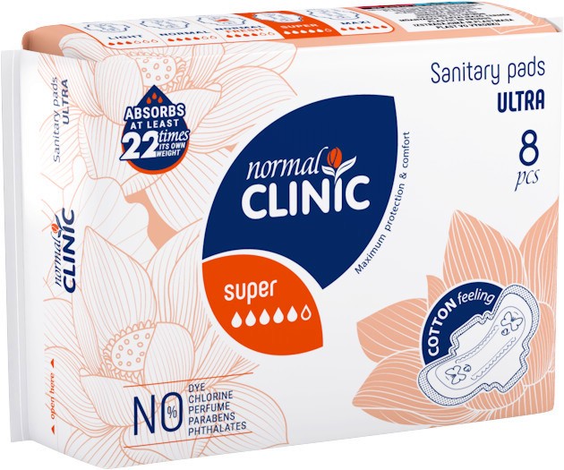 Normal Clinic Ultra Cotton Super - 8 и 16 броя дамски превръзки за чувствителна кожа от серията Ultra - дамски превръзки