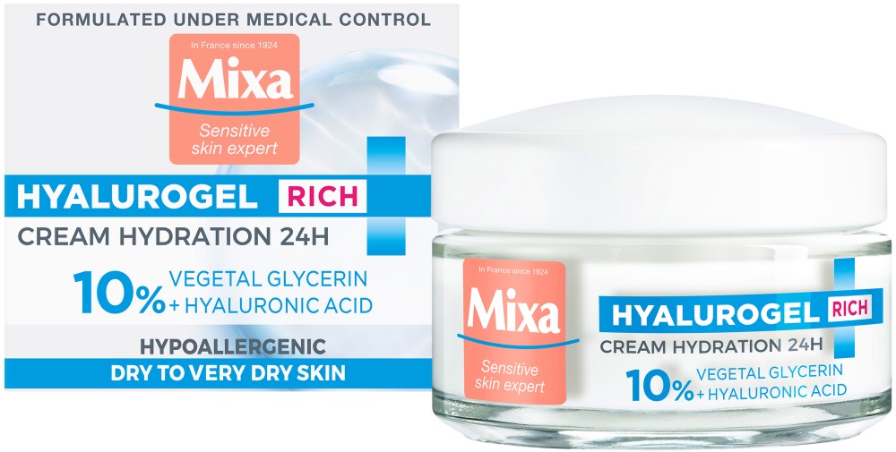 Mixa Hyalurogel Rich Intensive Hydration Cream - Хидратиращ крем за лице за чувствителна и суха кожа от серията "Hyalurogel" - крем
