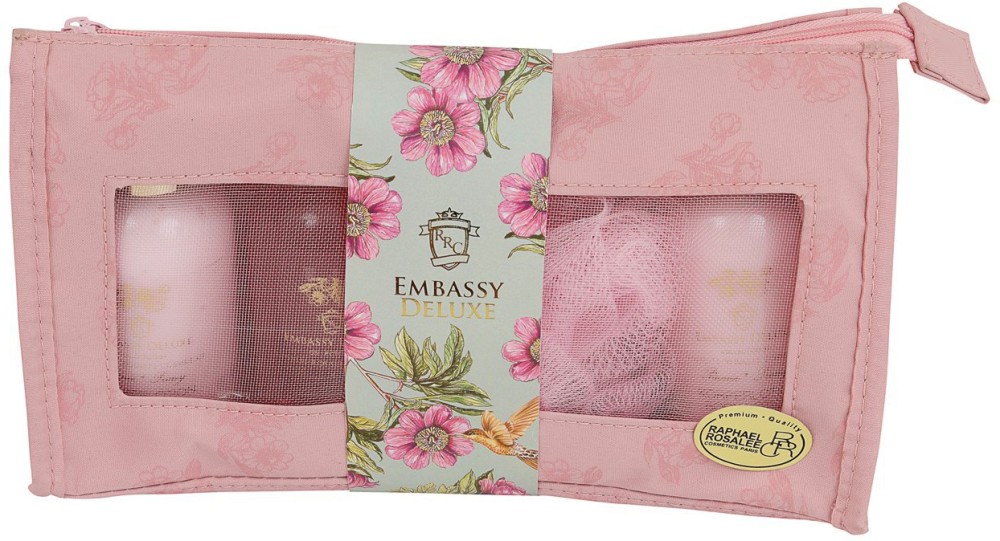 Подаръчен комплект Raphael Rosalee Embassy Deluxe No.83 Подаръчен комплект Raphael Rosalee Embassy Deluxe No.83 - Душ гел, лосион, пяна за вана и гъба в несесер - продукт