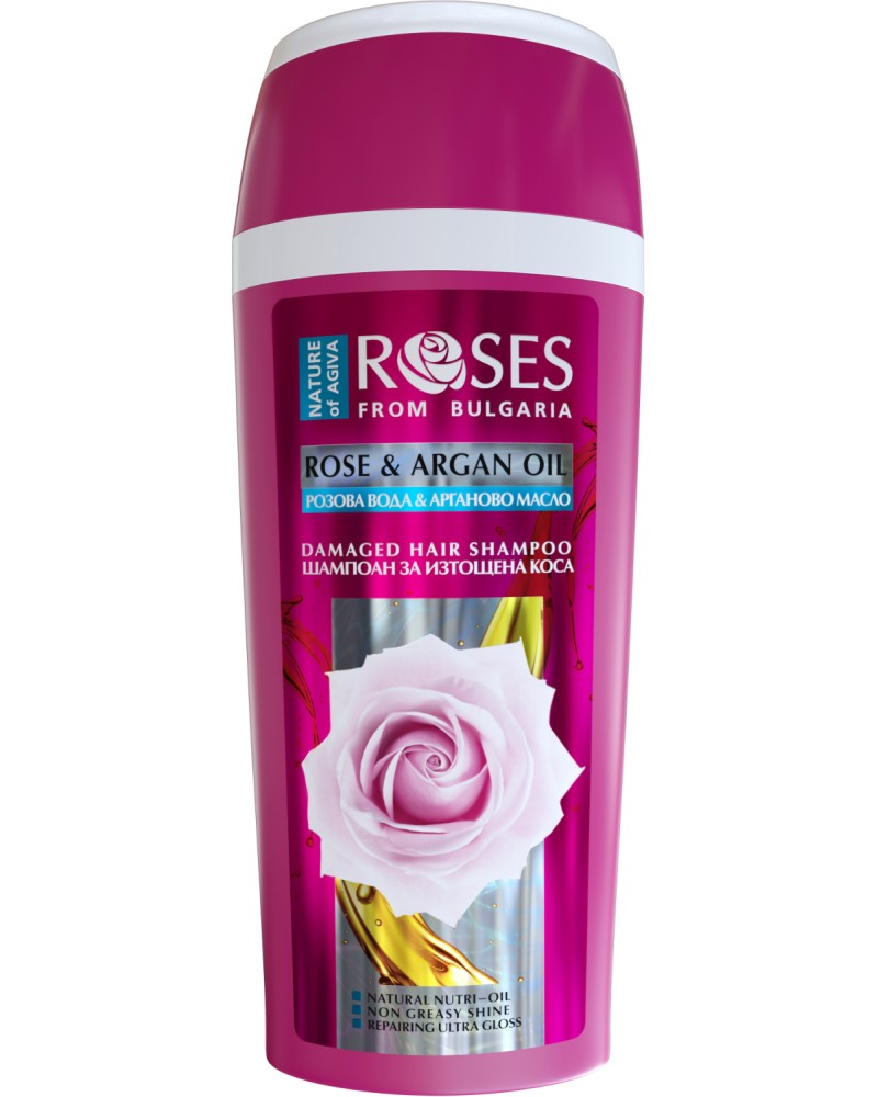 Nature of Agiva Rose & Argan Oil Damaged Hair Shampoo - Шампоан за изтощена коса с роза и арган от серията Roses - шампоан
