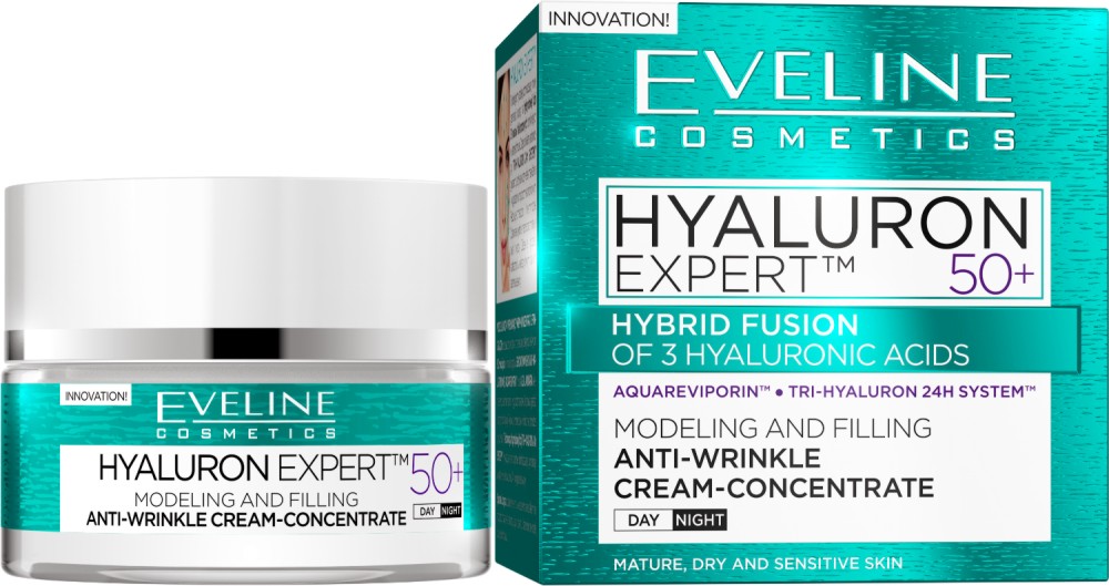 Eveline Hyaluron Expert 50+ Anti-Wrinkle Cream Day Night -    -       "Hyaluron" - 