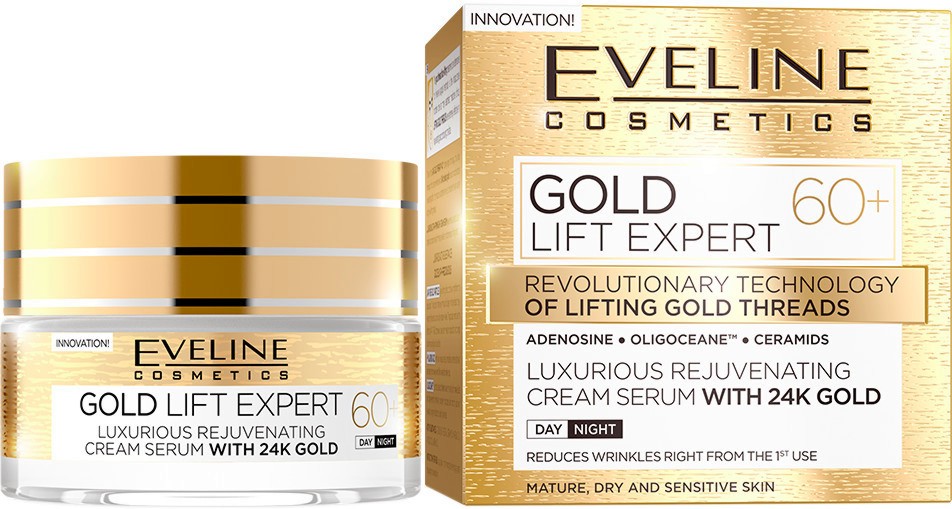Eveline Gold Lift Expert 60+ Cream Serum with 24K Gold  - Подмладяващ крем серум за лице със златни частици от серията "Gold Lift Expert" - крем