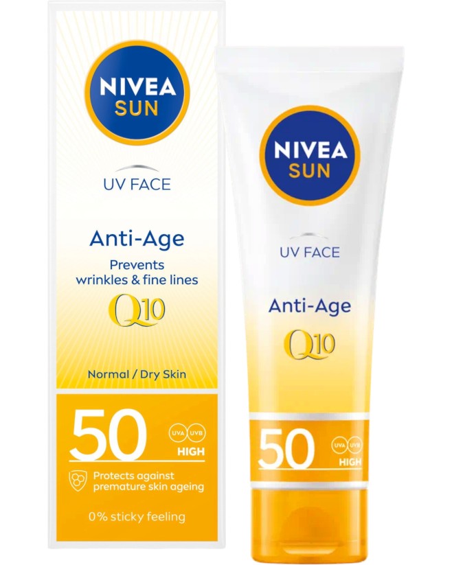 Nivea Sun UV Face Anti-Age Q10 SPF 50 Nivea Sun UV Face Anti-Age Q10 SPF 50 - Слънцезащитен крем за лице против стареене от серията Nivea Sun - крем