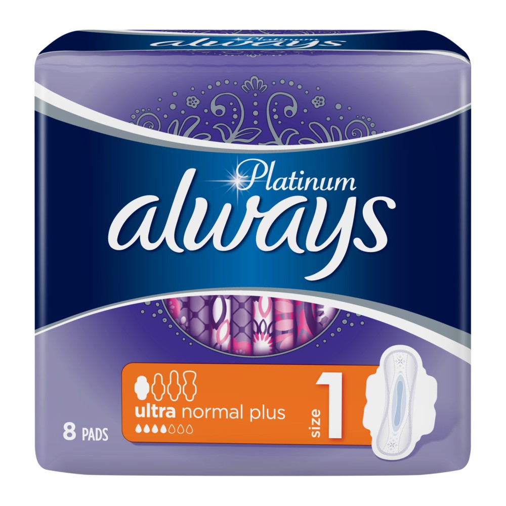 Always Platinum Ultra Normal Plus - Дамски превръзки с крилца - 8 или 16 броя - дамски превръзки