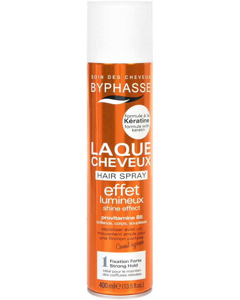 Byphasse Hair Spray Shine Effect Strong Hold Byphasse Hair Spray Shine Effect Strong Hold - Лак за коса за блясък с кератин и силна фиксация - лак