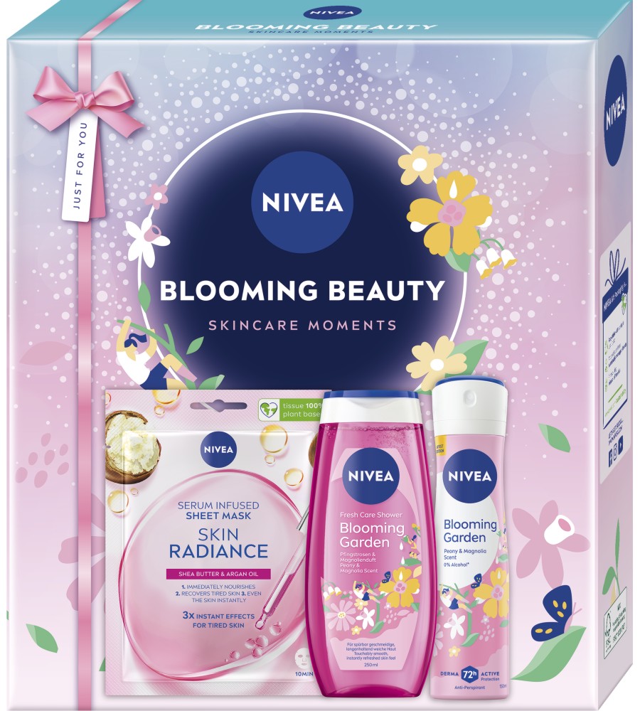 Подаръчен комплект Nivea Blooming Beauty Подаръчен комплект Nivea Blooming Beauty - Душ гел, спрей дезодорант и подхранваща лист маска за лице - продукт