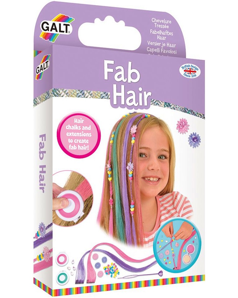 Комплект за прически Galt Fab Hair - Тебешири за коса, цветни кичури, ластичета и мъниста - детски аксесоар