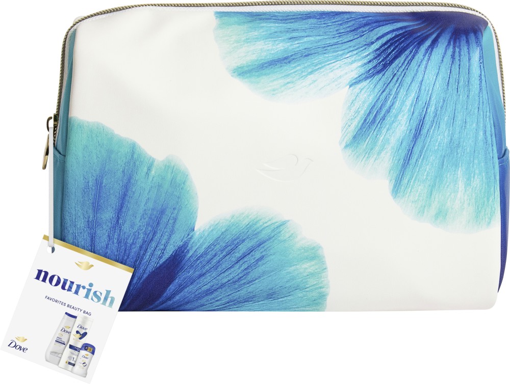 Подаръчен комплект с несесер Dove Nourish Подаръчен комплект с несесер Dove Nourish - Душ гел, мляко за тяло и стик дезодорант - продукт