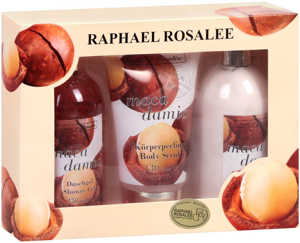 Подаръчен комплект Raphael Rosalee Fruits of Paradise No.106 Подаръчен комплект Raphael Rosalee Fruits of Paradise No.106 - Душ гел, лосион и скраб за тяло с макадамия - продукт