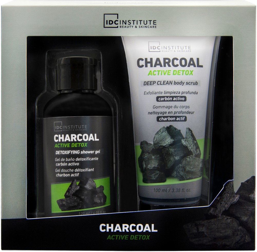 Подаръчен комплект IDC Institute Charcoal Active Detox Подаръчен комплект IDC Institute Charcoal Active Detox - Душ гел и скраб за тяло с активен въглен - продукт