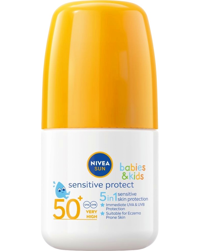 Nivea Sun Babies & Kids Sensitive Protect Roll-On SPF 50+ Nivea Sun Babies & Kids Sensitive Protect Roll-On SPF 50+ - Слънцезащитен ролон за бебета и деца от серията Nivea Sun - ролон