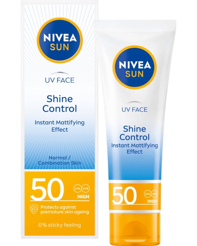 Nivea Sun UV Face Shine Control Cream SPF 50 Nivea Sun UV Face Shine Control Cream SPF 50 - Слънцезащитен крем за лице за контрол на омазняването от серията Nivea Sun - крем