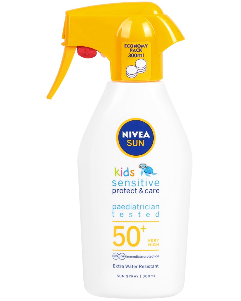 Nivea Sun Kids Sensitive Protect & Care Spray - SPF 50+ - Детски слънцезащитен спрей с помпа от серията Sun - продукт