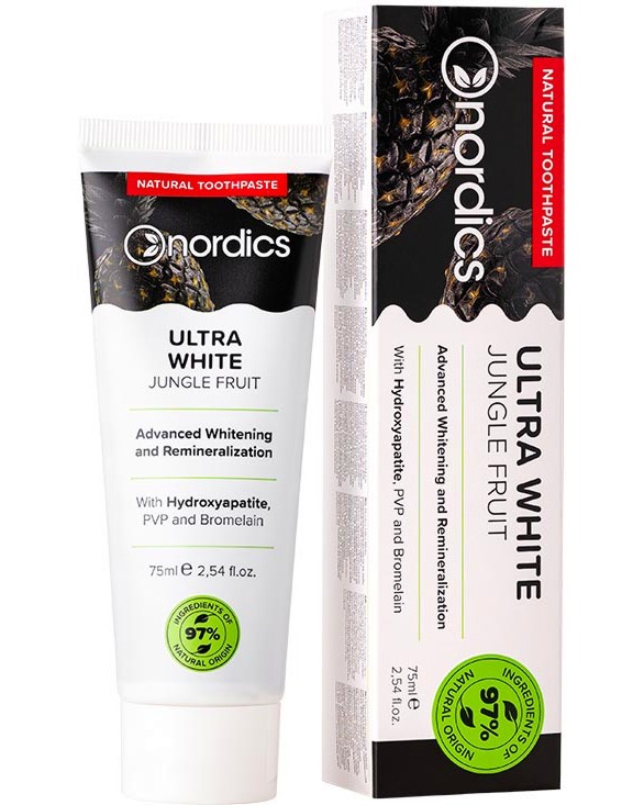 Nordics Ultra White Jungle Fruit Natural Toothpaste Nordics Ultra White Jungle Fruit Natural Toothpaste - Реминерализираща паста за зъби с течен емайл - паста за зъби
