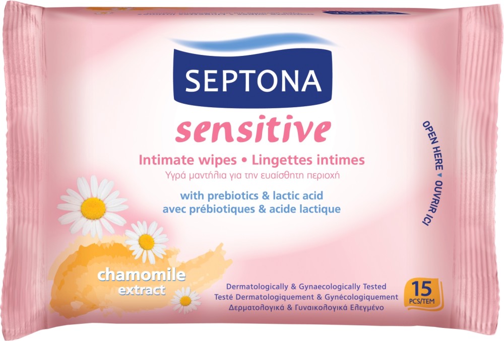 Интимни мокри кърпички Septona - 15 броя, с лайка и млечна киселина - мокри кърпички