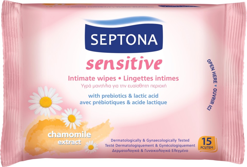 Интимни мокри кърпички Septona Интимни мокри кърпички Septona - 15 броя, с лайка и млечна киселина - мокри кърпички