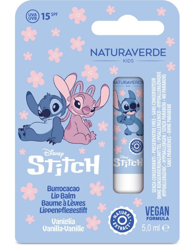 Stitch Vanilla Lip Balm SPF 15 Stitch Vanilla Lip Balm SPF 15 - Детски балсам за устни на тема Лило и Стич - балсам