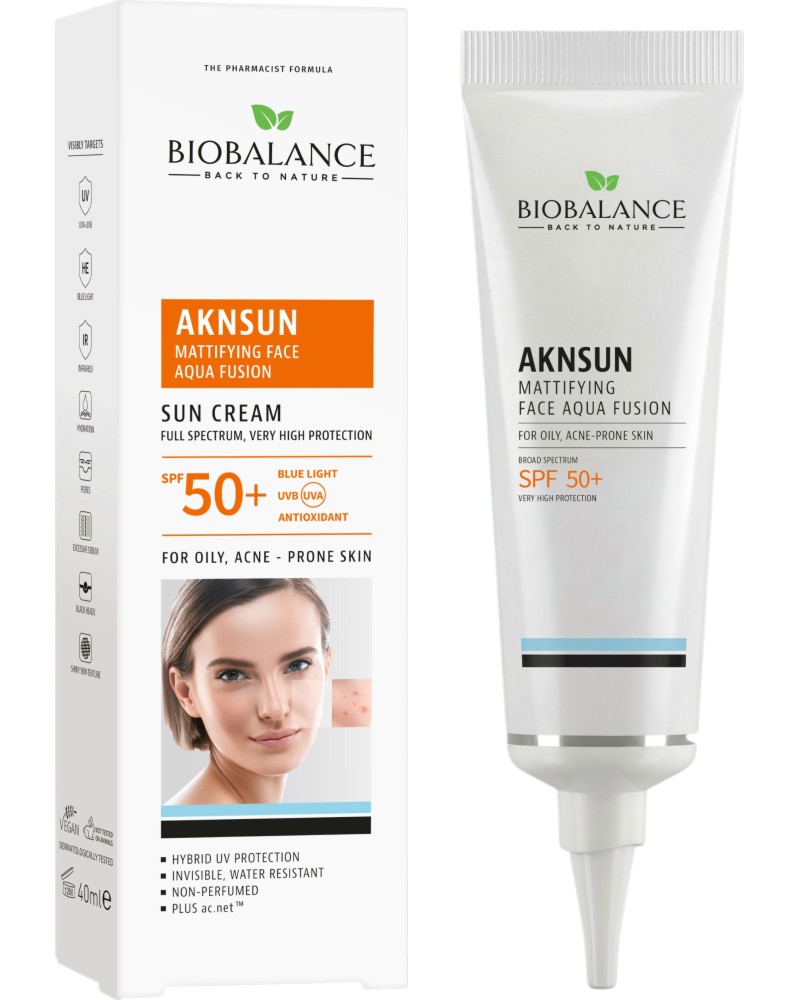 BioBalance AKNSUN Mattifying Face Aqua Fusion SPF 50+ BioBalance AKNSUN Mattifying Face Aqua Fusion SPF 50+ - Матиращ слънцезащитен крем за лице за мазна и склонна към акне кожа - крем