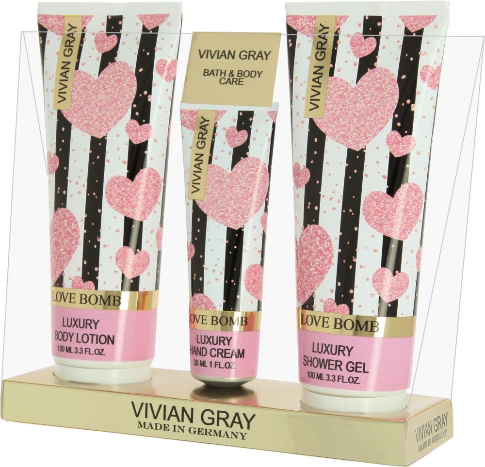 Подаръчен комплект Vivian Gray Love Bomb - Душ гел, лосион за тяло и крем за ръце - продукт