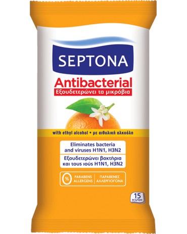 Антибактериални мокри кърпички Septona - 15 броя, с аромат на портокалов цвят - мокри кърпички