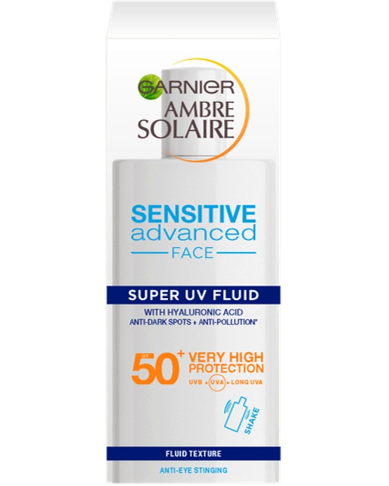 Garnier Ambre Solaire Sensitive Advanced Face Super UV Fluid SPF 50+ - Слънцезащитен флуид за лице за чувствителна кожа от серията Ambre Solaire - продукт