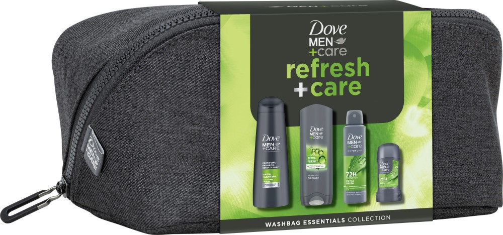 Подаръчен комплект с несесер Dove Men+Care Refresh Подаръчен комплект с несесер Dove Men+Care Refresh - Шампоан и балсам 2 в 1, душ гел, спрей и стик дезодорант от серията Extra Fresh - продукт
