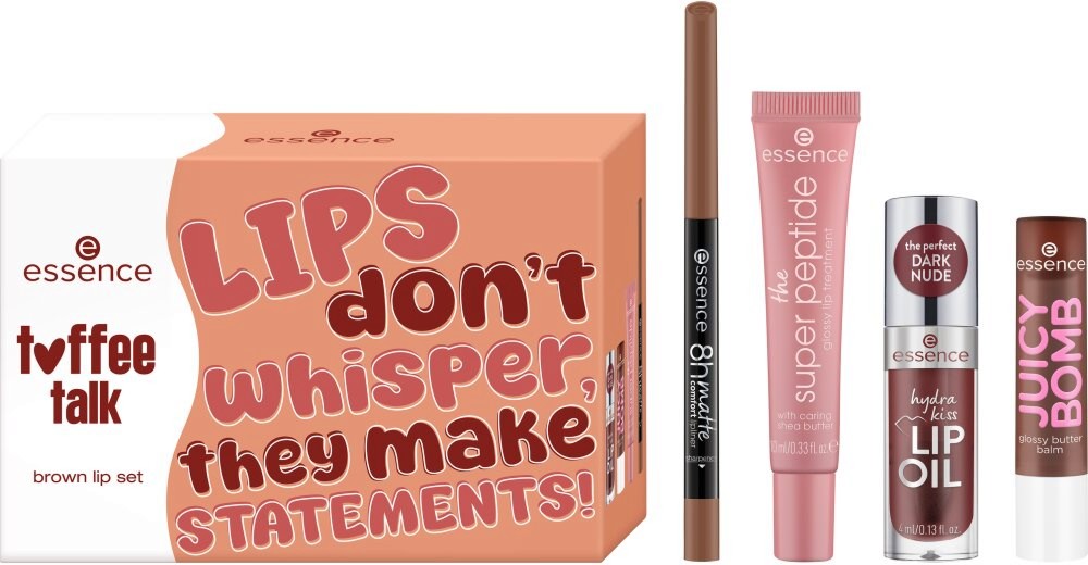 Essence Toffee Talk Brown Lip Set Essence Toffee Talk Brown Lip Set - Комплект за подчертани и карамелени устни - продукт